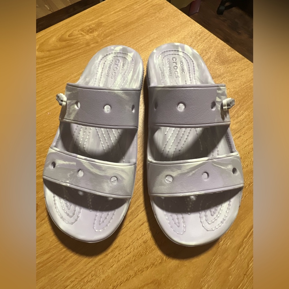Crocs in gray and purple